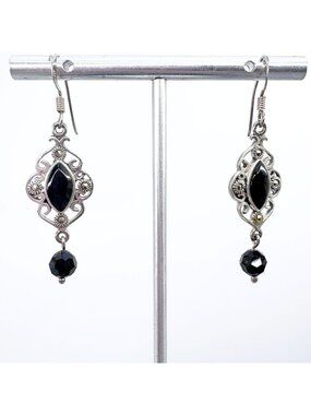 Black Onyx Marquise Sterling Silver 925 Scroll Design Dangle Earrings 2" L